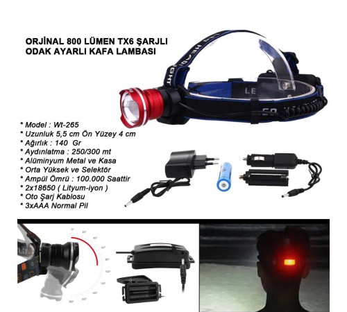 Orjinal 800 Lümen T6 Şarjlı Kafa Feneri Wt-265
