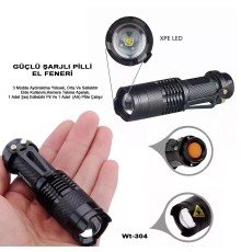 Mini Güçlü Şarjlı Pilli EL Feneri Wt-304