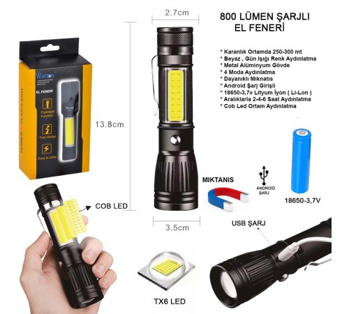 Uzun Menzilli EL Feneri Mıknatıslı Wt-602
