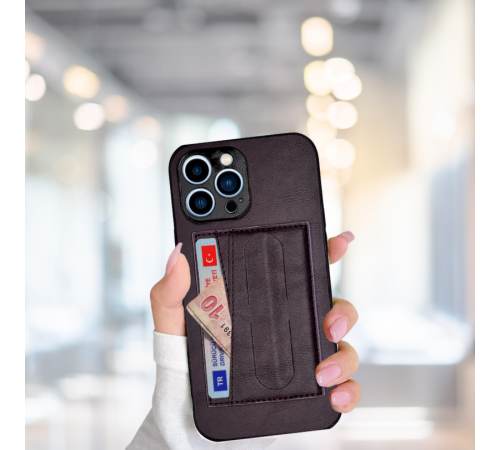 İPHONE 13 PRO MAX KARTLIKLI STANDLI LÜX DERİ KILIF MOR