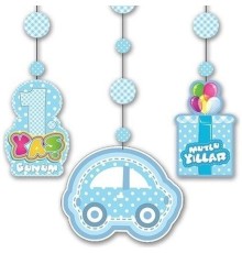 1 Yaş Temalı Asmalı İp Süs Mavi Renk 3 lü Set 12x45 cm