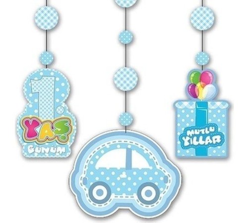 1 Yaş Temalı Asmalı İp Süs Mavi Renk 3 lü Set 12x45 cm
