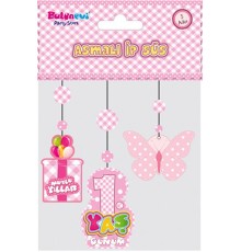 1 Yaş Temalı Asmalı İp Süs Pembe Renk 3 lü Set 12x45 cm