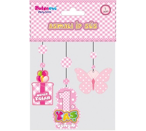 1 Yaş Temalı Asmalı İp Süs Pembe Renk 3 lü Set 12x45 cm
