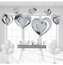 3 Boyutlu Spiralli Gümüş Renk Kalp Şekilli Tavan Asma Süsü 12 Adet