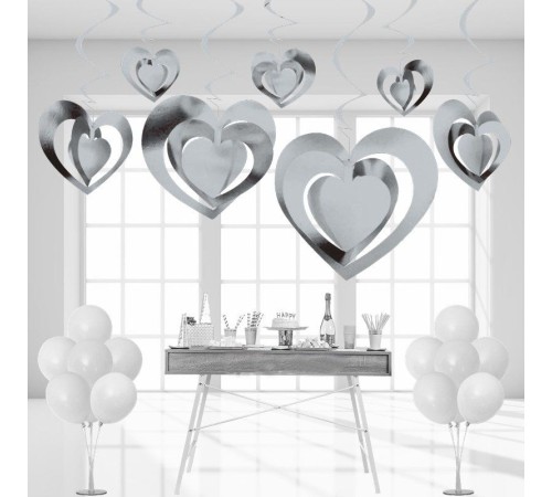 3 Boyutlu Spiralli Gümüş Renk Kalp Şekilli Tavan Asma Süsü 12 Adet