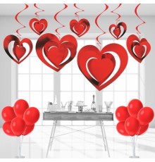 3 Boyutlu Spiralli Kırmızı Renk Kalp Şekilli Tavan Asma Süsü 12 Adet