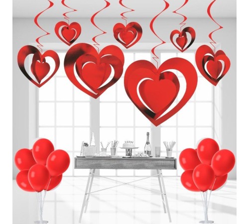 3 Boyutlu Spiralli Kırmızı Renk Kalp Şekilli Tavan Asma Süsü 12 Adet