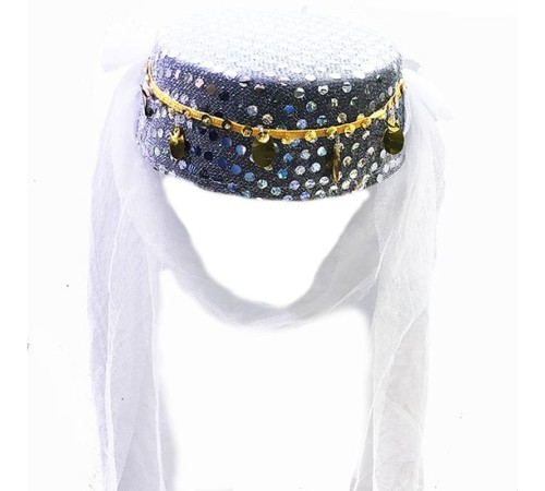 Beyaz Duvaklı Altın Pul İşlemeli Kına Fesi Kına Şapkası Oryantal Şapkası