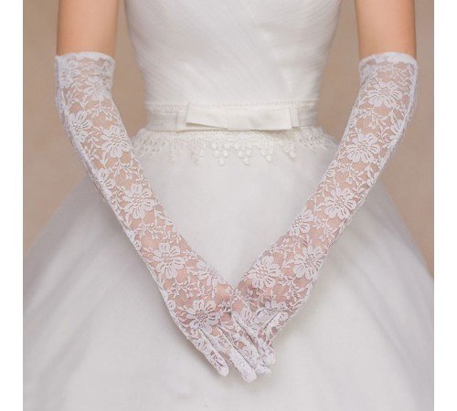 Beyaz Renk Uzun Boy Dantelli Eldiven