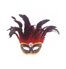 Kırmızı Renk Ekstra Bol Kuş Tüylü Venedik Maskesi 30x19 cm