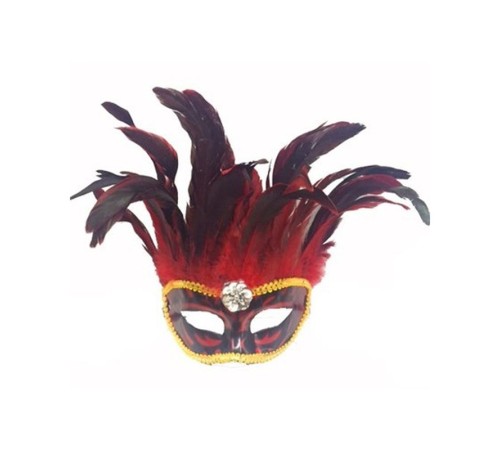 Kırmızı Renk Ekstra Bol Kuş Tüylü Venedik Maskesi 30x19 cm