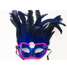 Mavi Renk Ekstra Bol Kuş Tüylü Pembe Dantelli Venedik Maskesi 30x19 cm