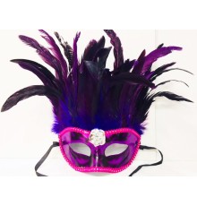 Mor Renk Ekstra Bol Kuş Tüylü Gümüş Dantelli Venedik Maskesi 30x19 cm