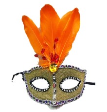 Boncuk İşlemeli Dantelli Turuncu Tüylü Yılbaşı Parti Maskesi Gold Renk