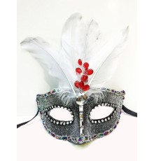 Boncuk İşlemeli Dantelli Tüylü Yılbaşı Parti Maskesi Gümüş Renk