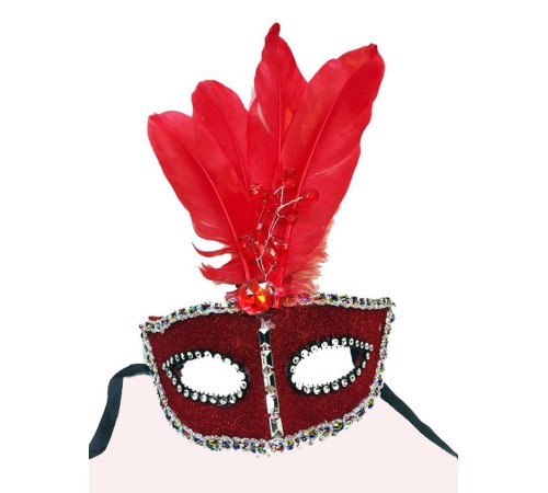 Boncuk İşlemeli Dantelli Tüylü Yılbaşı Parti Maskesi Kırmızı Renk