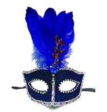 Boncuk İşlemeli Dantelli Tüylü Yılbaşı Parti Maskesi Mavi Renk