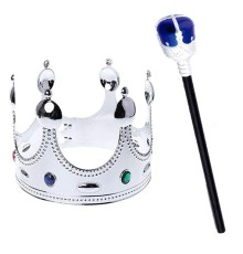 Çocuk Boy Gümüş Renk Kral Tacı ve Mavi Topuzlu Kral Asası