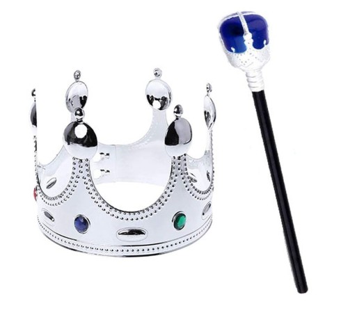 Çocuk Boy Gümüş Renk Kral Tacı ve Mavi Topuzlu Kral Asası