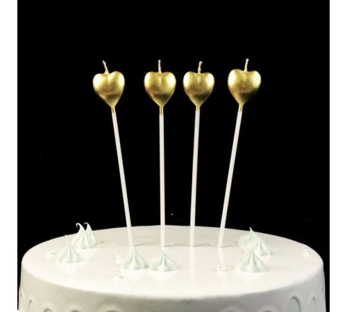 Çubuklu Metalize Kalp Mum Doğum Günü Mumu Gold 4 Adet