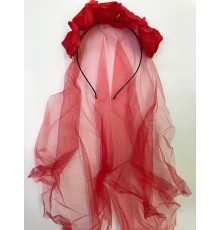 Uzun Duvaklı Üstü Kırmızı Çiçekli Parti Tacı