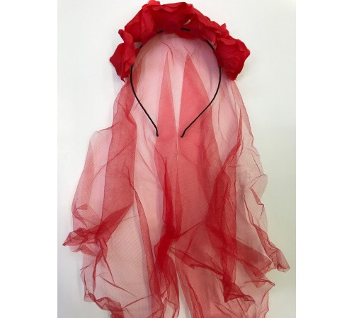 Uzun Duvaklı Üstü Kırmızı Çiçekli Parti Tacı