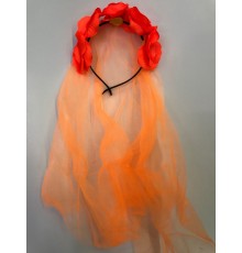 Uzun Duvaklı Üstü Turuncu Çiçekli Parti Tacı