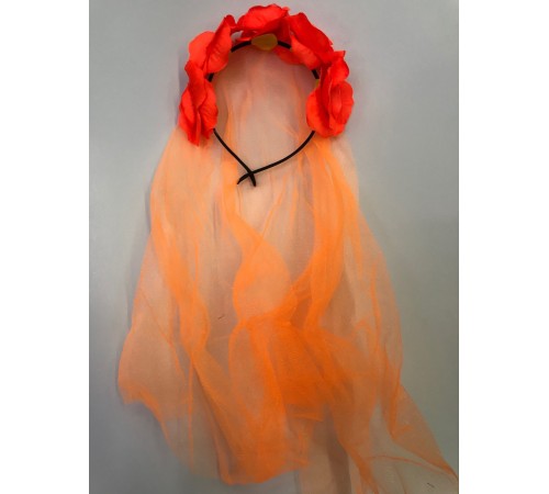 Uzun Duvaklı Üstü Turuncu Çiçekli Parti Tacı