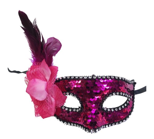 Fuşya Renk Yandan Tüylü Pullu Yılbaşı Parti Maskesi