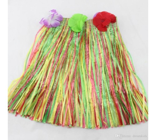 Yetişkin ve Çocuk Uyumlu Rengarenk Püsküllü Hawaii Luau Hula Etek 40 cm