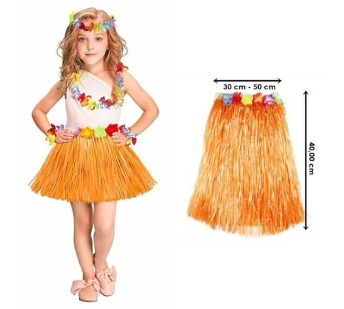 Yetişkin ve Çocuk Uyumlu Turuncu Renk Püsküllü Hawaii Luau Hula Etek 40 cm