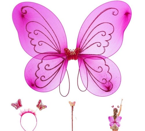 Çocuklar İçin Kanadı Tacı ve Asası Fuşya Renk 50 cm