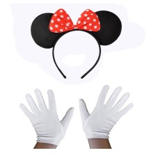 Kırmızı Fiyonklu Minnie Mouse Tacı ve Beyaz Eldiven Seti