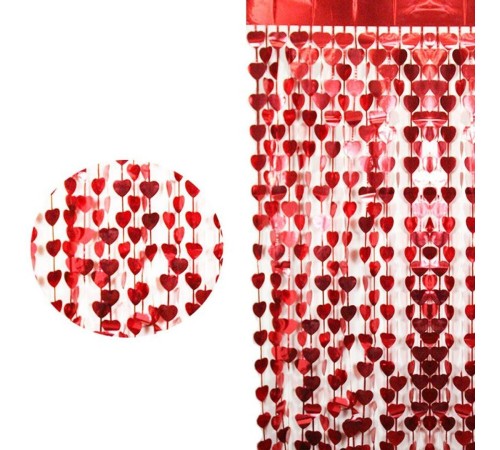 Kırmızı Renk Kalp Şekilli Metalize Saçaklı Arka Fon Perde Dekorasyon