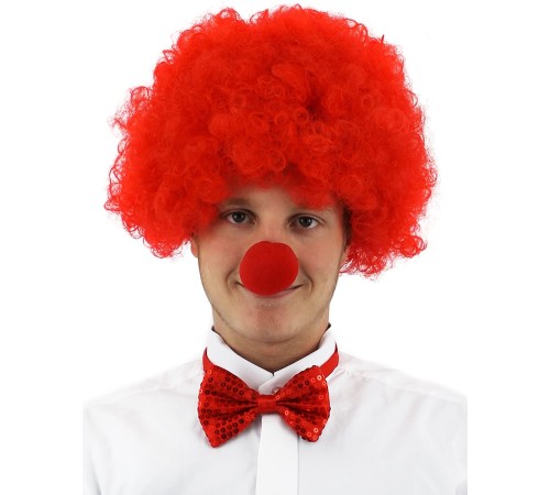 Kırmızı Renk Kıvırcık Afro Bonus Peruk Takma Saç ve Kırmızı Burun Seti