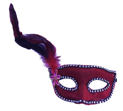 Kırmızı Renk Kumaş Kaplama Yandan Tüylü Yılbaşı Parti Maskesi