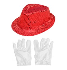 Kırmızı Renk Payetli Çocuk Şapkası ve Beyaz Renk Çocuk Eldiveni