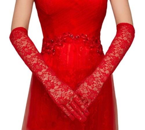 Kırmızı Renk Uzun Boy Dantelli Eldiven