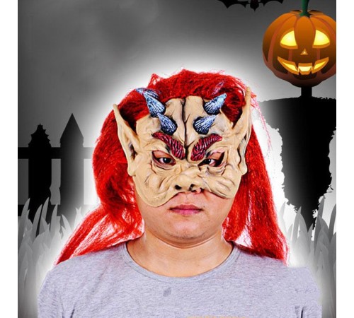 Kırmızı Saçlı Yarım Surat Boynuzlu Lateks Asteriks Viking Hobbit Maskesi