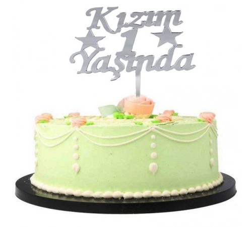 Kızım 1 Yaşında İlk Yaş Doğum Günü Partisi Pleksi Pasta Süsü Gümüş Renk