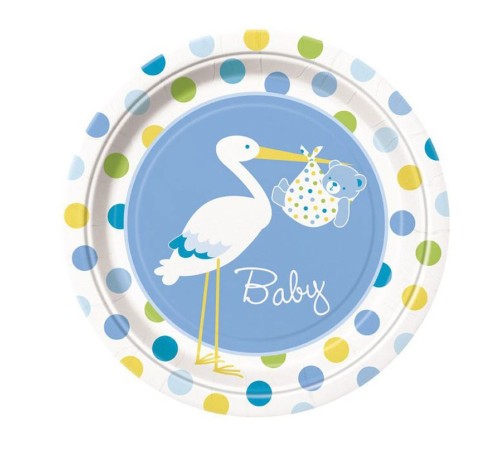 Leylek Temalı Mavi Renk Erkek Baby Boy Stork Baby Shower Parti Tabağı 8 Adet