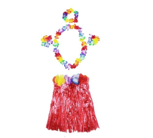 Luau Aloha Hawaii Kolye Etek Taç ve Bileklik Seti Kırmızı