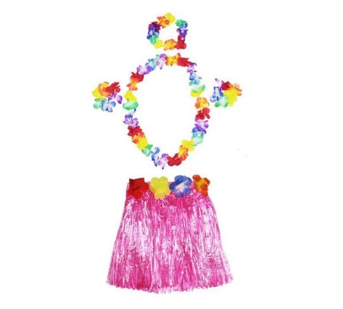 Yetişkin ve Çocuk Uyumlu Luau Aloha Hawaii Pembe Etek ve Renkli Kolye Taç 2 Adet Bileklik Seti