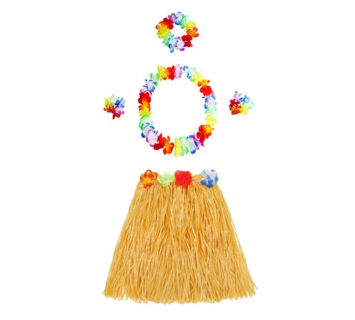 Yetişkin ve Çocuk Uyumlu Luau Aloha Hawaii Turuncu Etek ve Renkli Kolye Taç 2 Adet Bileklik Seti