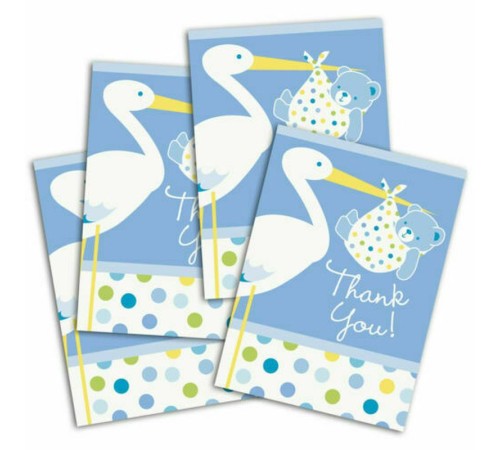 Mavi Renk Baby Stork Baby Shower Teşekkür Zarfı ve Not Seti 8 Adet