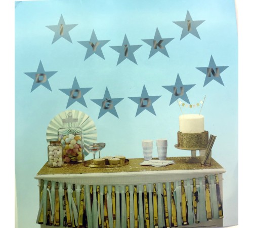 Mavi Üzeri Gümüş Yıldız İyiki Doğdun Flama Süs