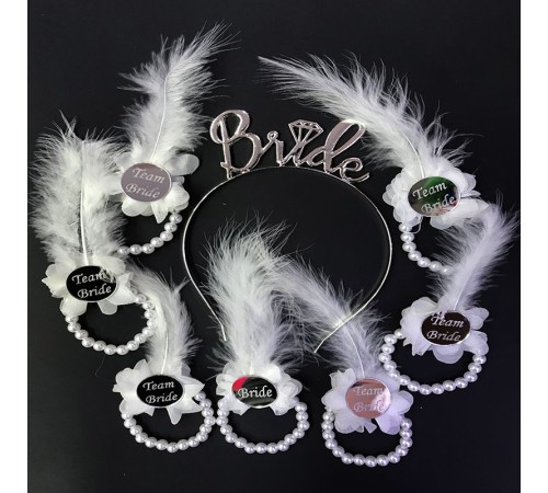 Metal Bride Tacı ve İncili Nedime Bilekliği Gümüş Renk Pleksili Beyaz Otrişli 7 Adet