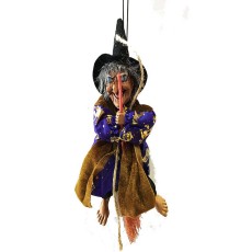 Mor Elbiseli Asma Aparatlı Sesli Işıklı Sensörlü Şekil Verilebilir Dekoratif Cadı 25 cm