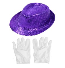 Mor Lila Renk Payetli Çocuk Şapkası ve Beyaz Renk Çocuk Eldiveni